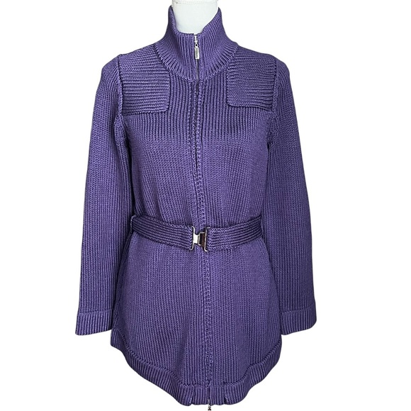 Doncaster Silk Knit Cardigan Sweater Jacket Sz S Zip Belted Purple Heavy Chunky - Picture 1 of 8